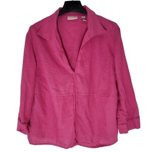 Valerie Stevens 100% Linen Hook Front Shirt Fuchsia Pink 1X Plus Size 3/4 Sleeve